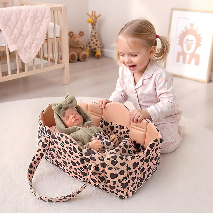 BABESIDE 3 Pcs Baby Doll Bassinet with Doll Bedding Set for 17-22 Inch Babydolls, Cute Heart Leopard Print Baby Dolls Crib with Pillow Blanket for Reborn Baby Doll Accessories, Brown