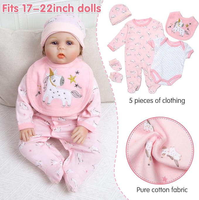 13 Pcs Reborn Baby Dolls Girl Clothes Accessories Pink Unicorn Theme Outfit Set for 17-22 Inch Reborn Dolls Newborn Girl with Unicorn Backpack Diaper