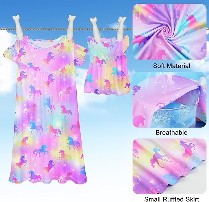 ICOSY Matching Doll & Girls Nightgowns Clothes Girls Pajamas Sleepwear Outfit for Kids and 18" Girl Doll
