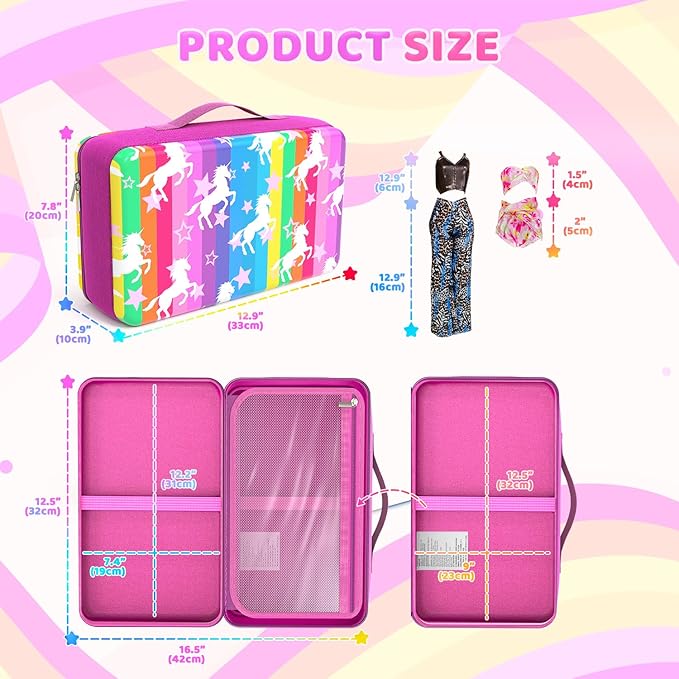 Stylish Travel Case for 12 Inch Fashion Dolls - Storage Solution with Pockets for Doll Accessories - Best for On-The-Go Travel (3-Rainbow)
