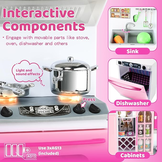 SOCBTNSO 64 PCS Pink Kitchen Toys with Lights Sounds|Mini Kitchen House Furniture Sets for Kids Ages 4-8|Doll Playset Toys for Toddlers 3-5|Birthday Gifts for 3 4 5 6 7 8 Old Girls