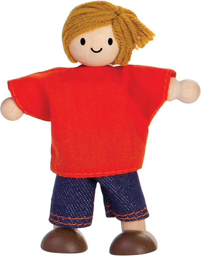 PlanToys® Boy Wooden Dollhouse Figurine | Poseable 1:12 Scale Mini Doll (4 Inch) | Dollhouse Accessories for Pretend Play | Eco-Friendly Montessori Toy for Kids Ages 3+