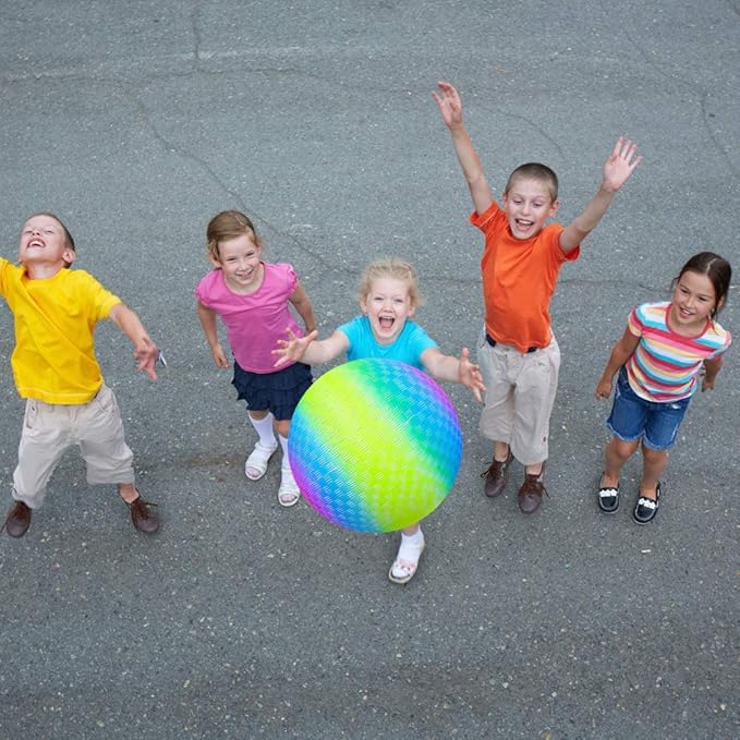 ArtCreativity Rainbow Playground Ball for Kids with Hand Pump, Bouncy 9 Inch Kick Ball for Backyard, Park, and Beach Outdoor Fun, Beautiful Colors, Durable Outside Play Toys for Boys & Girls