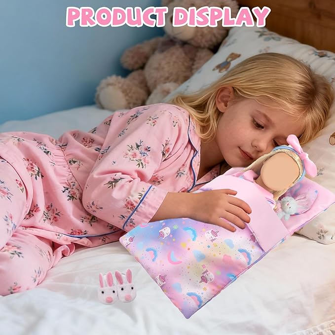 American 18" Doll Clothes and Sleeping Bag Accessories Set, Sleepover Outfit Fits 18 inch Dolls Include Pony Costume, Purple Pillow, Eye mask, Bunny Shoes, Animal Toy Gifts for Girls (No Doll)