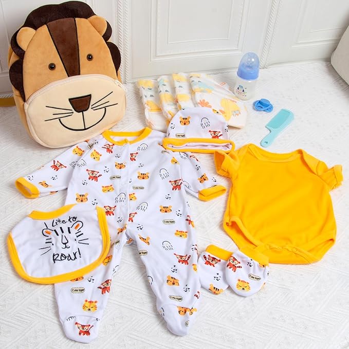 13 Pcs Reborn Baby Doll Accessories Boy 17-22 Inch Reborn Baby Clothes with Backpack Newborn Doll Outfit Diapers Cute Yellow Tiger Design
