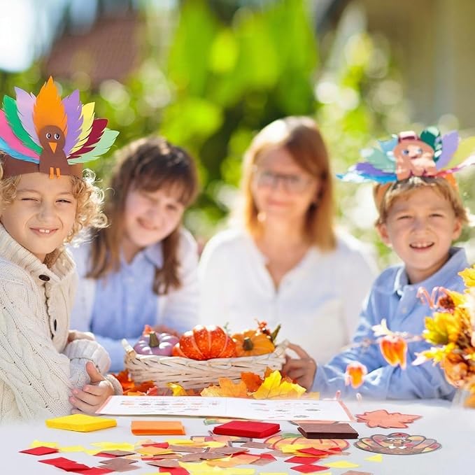 Feifeiya 24 Sets Thanksgiving Crafts Kit DIY Fall Paper Crafts with Colored Tissue Paper Sticker Tool Turkey Pumpkin Leaf Acorn Suncatcher Hanging Ornaments for Classroom Activity Harvest Party Window