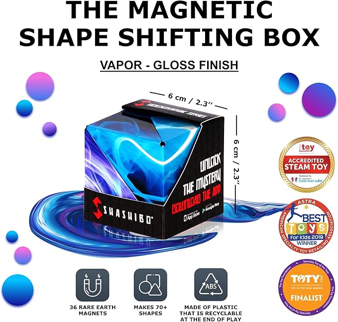 Shashibo Shape Shifting Box - STEM Fidget Toy with Ultra Strong Magnets - Sensory Puzzle Cube Transforms Into 100+ Shapes, Easter Basket Stuffers Gift for Kids, Teens, and Adults (Vapor)