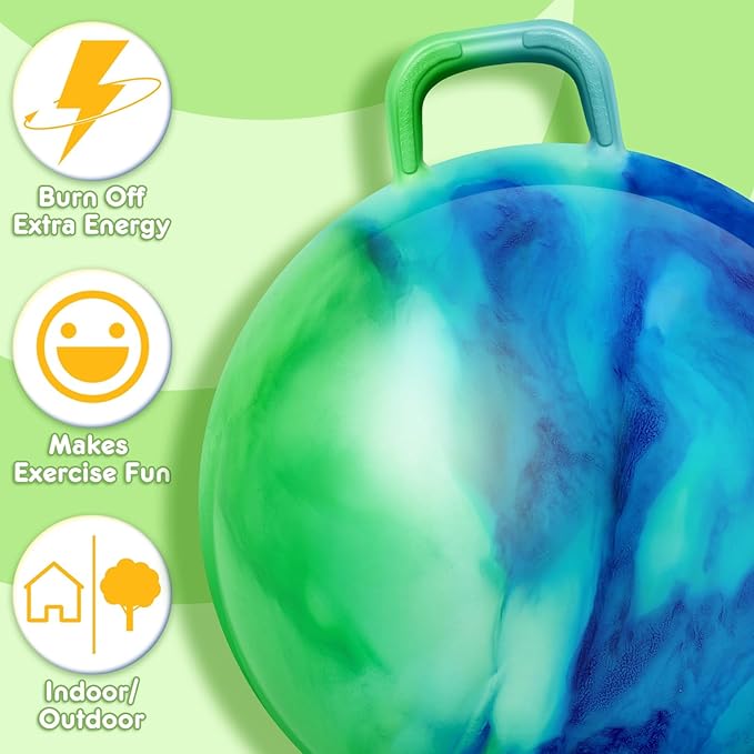 Lewtemi Hopper Ball for Adults, 29 Inch Bouncing Hippity Ball with Handle Rubber Hop, Jumping Hopping Exercise with Air Pump for Outdoors Sports Games Exercise (Blue Green Cloud)