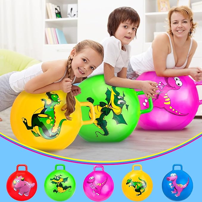 Hymaz 5 Pcs 18 inch Hopper Ball, Dinosaur Toddler Ride On Toys, Bounce Balls with Handles and Air Pump for Kids 2-6 Years, Jumping Hopping Ball for Girl Boy Outdoor Garden Fun Races