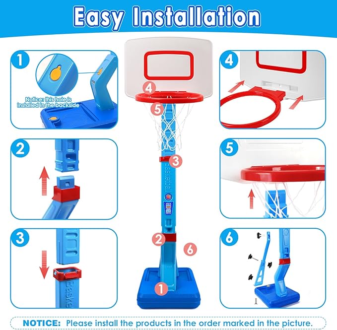 Toddler Basketball Hoop Indoor Outdoor - Height Adjustable 27.6-54 Inches (5 Slots), Kids Basketball Hoop with 4 Inflatable Balls & Pump, Safe Toddler Toys for 1-6 Year Old Boys Girls
