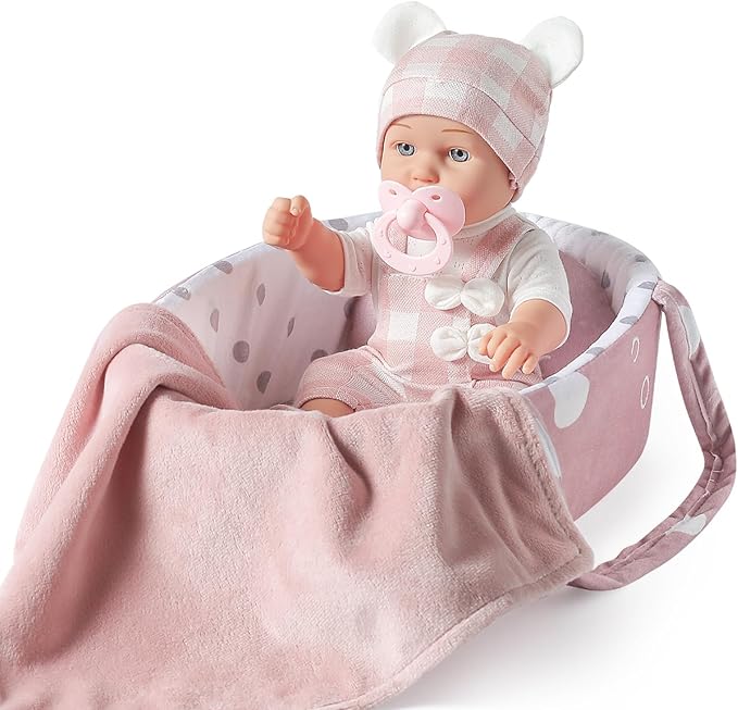 12 Inches Baby Doll Toys Set with Accessories, Includes Doll Carrier Bassinet Bed, Pacifier and Blanket, First Baby Doll for Toddler Girls Age 3+