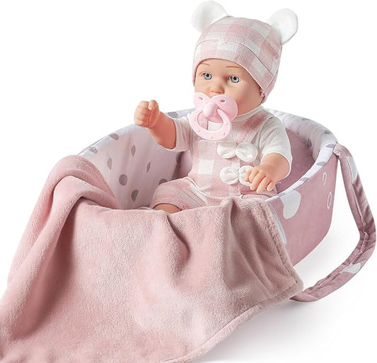 12 Inches Baby Doll Toys Set with Accessories, Includes Doll Carrier Bassinet Bed, Pacifier and Blanket, First Baby Doll for Toddler Girls Age 3+
