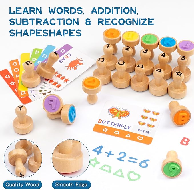 Alphabet Number Stamps for Kids, Wooden ABC Spelling Letter Stampers Set with Flashcard Mathematics Learning Number Stampers Arts & Crafts Supplies, Montessori Toy Gifts for 3 4 5 Year Old