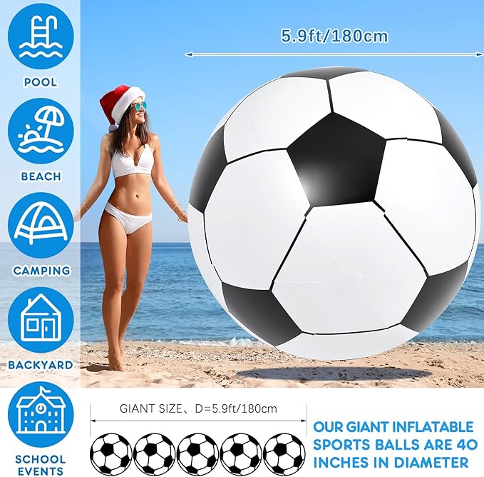 Lewtemi Big Inflatable Giant Soccer Ball Large Inflatable Beach Sport Ball Pool Party Decoration Toys Oversized Jumbo Beach Toy for Pool Water Sports Games