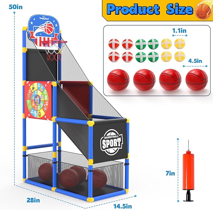 EagleStone 2-in-1 Kids Arcade Basketball Hoop with Dart Board,4 Balls Adjustable Height Basketball Toy Indoor Outdoor Carnival Games Gift for Boys Girls Toddlers Ages 3-6 Years Old,Pump Included