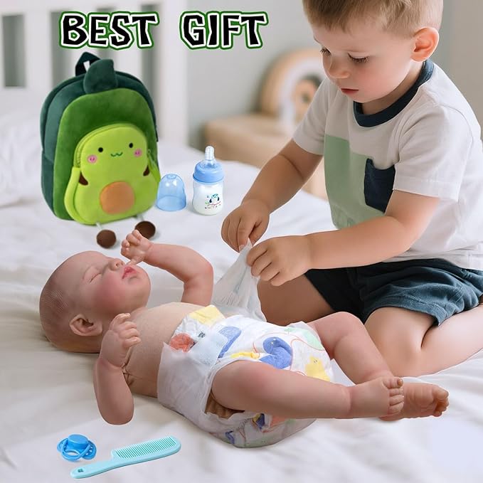 10 Pcs Reborn Baby Doll Diaper Bag Set Reborn Dolls Feeding and Caring Accessories Boy with Backpack&Diapers&Bottle&Magnetic Pacifier&Comb Newborn Baby Gift