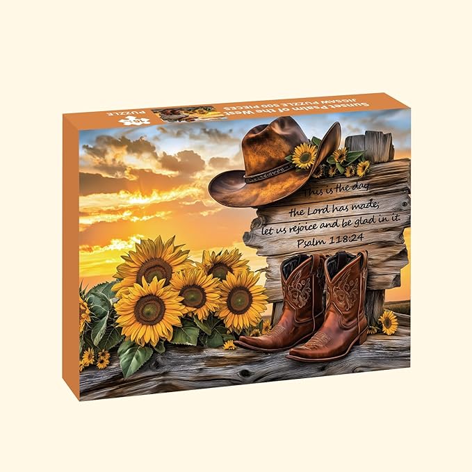 Puzzles for Adults 500 Pieces, Cowboy Hat and Cowboy Boot Jigsaw Puzzles - Sunset Psalm of the West, Impossible Sunflower Puzzles for Seniors Family, 20.47x14.96 inches, 1:1 poster, Letter on the Back