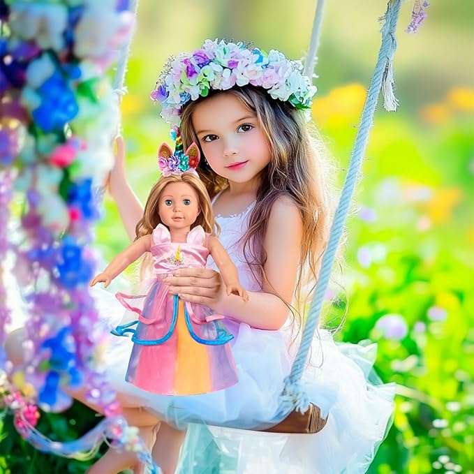 WONDOLL American 2-Sets 18-inch Doll Clothes Set - Amazing Rainbow Unicorn Clothes with Hair Clip and Headband - Compatible with All 18 inch Dolls Accessories for Kids -Pink（no Doll）