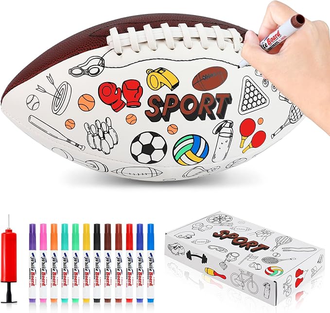 Size 6 Color Your Own Football Brown DIY Custom Craft Kit with Pump 12 Markers Personalized Youth Toddler Training Paint Your Own Toy Creative Gift for Kids (Brown Foorball, 6)