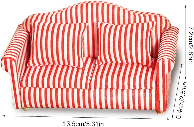 Dollhouse Couch Miniature Sofa with Pillows Dollhouse Living Room Funiture 1:12 Scale Model 3 Pcs High Simulation Upholstered Wooden Fabric Armchair Mini Room Artificial House Scene Decoration (Strip)