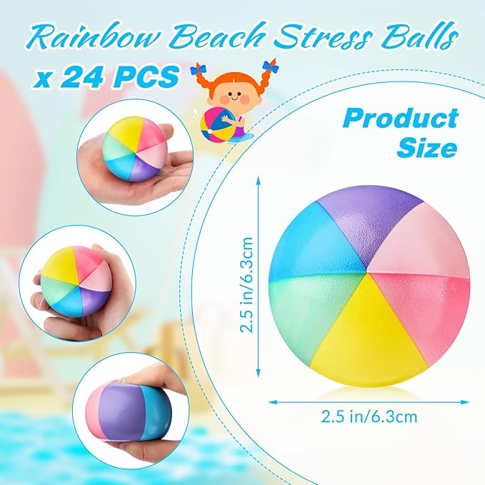 Jerify 24 Pcs Mini Beach Stress Balls 2.5 Inch Foam PU Relief Stress Ball Mini Rainbow Blow up Beach Balls Toys for Girls Boys Birthday Beach Hawaiian Party Favors Summer Pool Games(Rainbow Color)