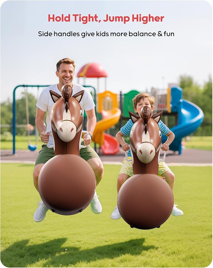 QPAU Infatable Bouncy Horse Toys with Hand Pump, Heavy Duty Giant Bouncy Pal, 220lbs Load Capacity, Ride On Bouncy Animal Hopper Toy, Indoor Outdoor Bouncers for Kids Girls Boys Ages 5+