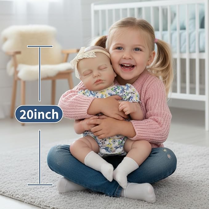 SCOM 20-Inch Realistic Reborn Baby Doll - Lifelike Vinyl Baby Girl with Full Soft Body, Washable & Poseable, Real Life 7-Piece Accessory Set - Safe Gift for Kids Ages 3+ in Birthday/Christmas