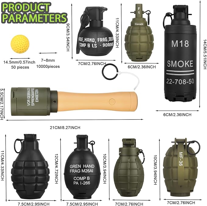 8Pcs Toy Hand Grenade for Tactical Game with 50 Round Ammo Model Battle Fake Grenade Toys for Outdoor Sport Role Play Prop Game,14+ and Adults