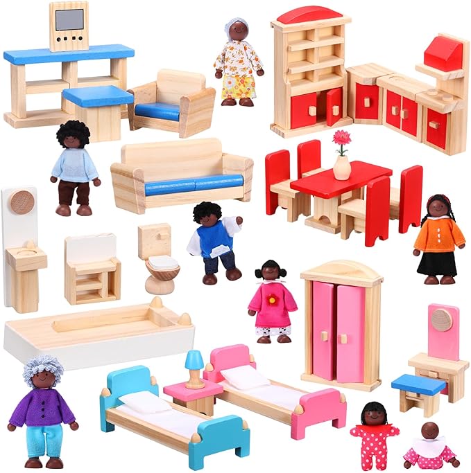 Sumind 35 Pcs Wooden Dollhouse Furniture and 8 African American Dolls Set for Inclusive Creative Play Fits Most 1 12 Scale Miniature Houses Easter Gift for Boys Girls