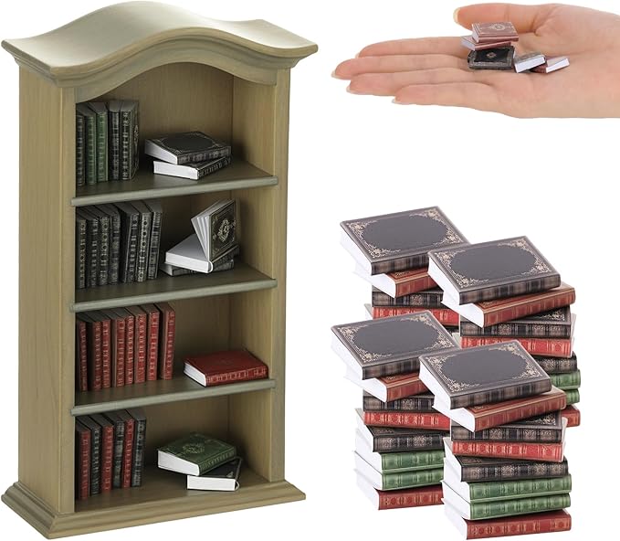 36 Pcs 1:12 Scale Miniatures Dollhouse Books and 1 Wooden Bookcase,4 Floors Furniture Display Bookshelf Cabinet Mini Assorted Books,Dollhouse Decoration Accessories for Home Bedroom