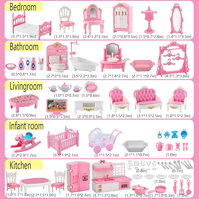 75 Pcs Dollhouse Furniture Set Accessories,Small Dollhouse Miniature Pretend Play Family Toys Gift,Toddler Boy Girl Kid 3Y+ Mini Bedroom/Livingroom/Bathroom/Kitchen/Infant Room Kit