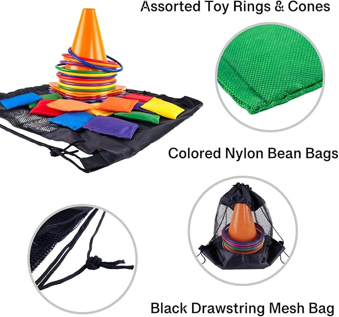 Super Z Outlet 30 Piece Carnival Outdoor Fair Tossing Games Toy Party Set with 12 Rings, 12 Bean Bags, and 6 Cones