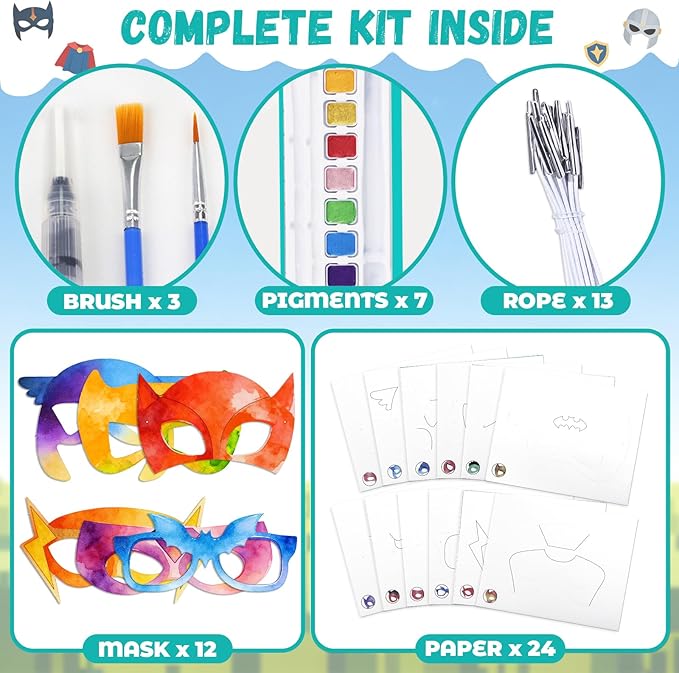 Paint with Water Coloring Books for Kids, 24 Pcs Paper Mache Masks Half Face, Hero Mask Painting Book, Mess Free Watercolor Painting Kit, Painting Activity for Boy Gift Ages 3-5 4-8 for Birthday Party Halloween Christmas