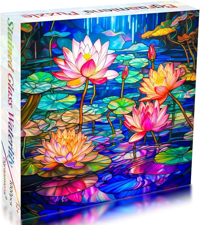 Bgraamiens Stained Glass Waterlily Jigsaw Puzzle - 1000-Piece Floral Art for Adults, Color Challenge with Botanical Mosaic Design, Home Decor & Gift Idea