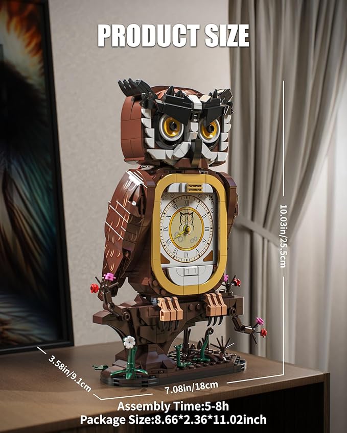 Owl Clock Building Blocks Set, STEM Building Toys with Functional Clock, Collectible Bird Display Model for Home Decor, Christmas Birthday Gift for Adults & Boys 8-14 (964Pcs)