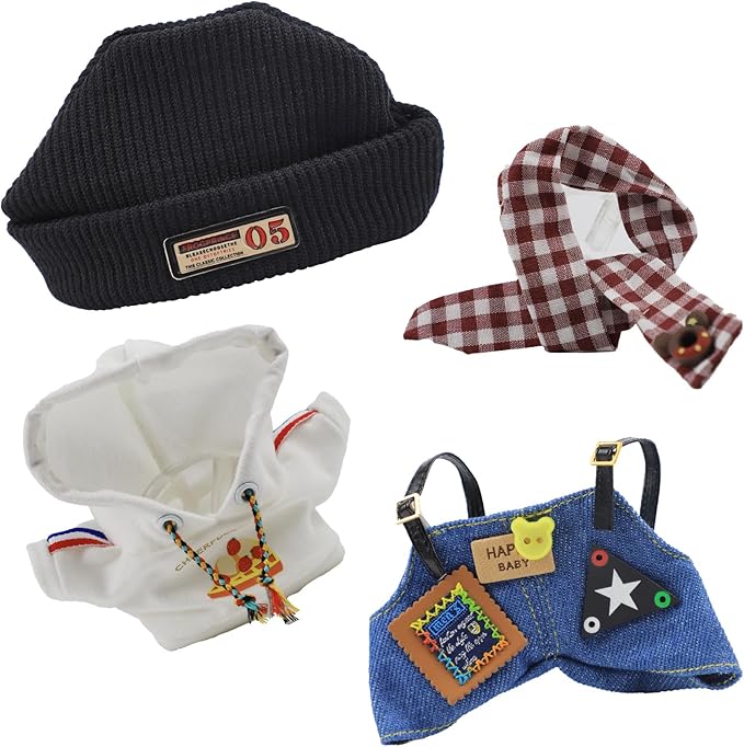 17cm Doll Clothes Set for Labubu– Cozy Outfit with Knit Hat, Denim Overalls, White Hoodie & Scarf by Clothes Designer | Fits 17cm Sitting or Standing Dolls (No Doll)
