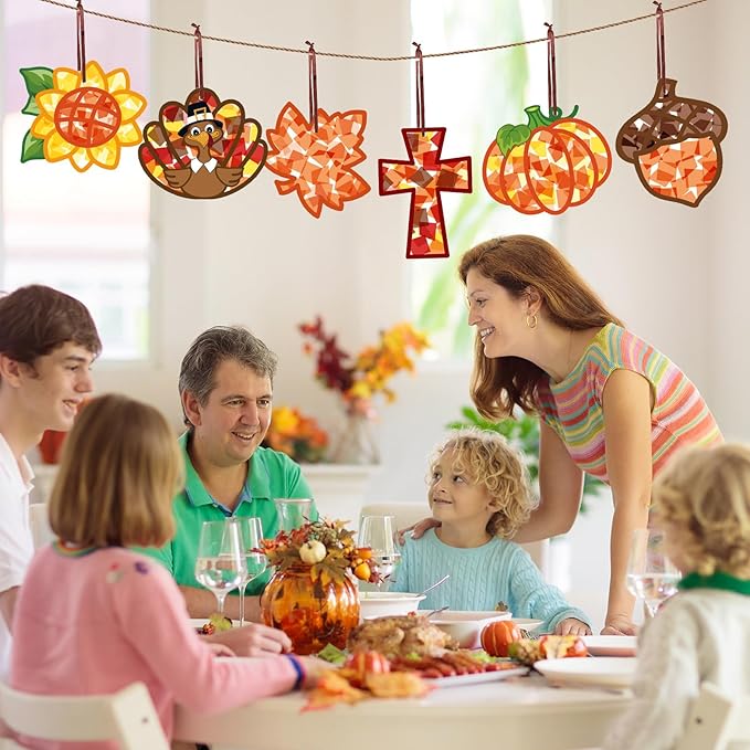 Feifeiya 24 Sets Thanksgiving Crafts Kit DIY Fall Paper Crafts with Colored Tissue Paper Sticker Tool Turkey Pumpkin Leaf Acorn Suncatcher Hanging Ornaments for Classroom Activity Harvest Party Window