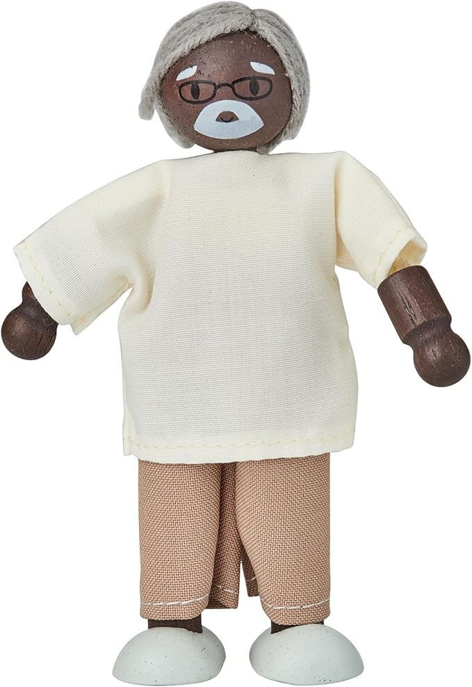 PlanToys® Grandfather Wooden Dollhouse Figurine | Poseable 1:12 Scale Mini Doll (Dark Skin Tone, 5 Inch) | Dollhouse Accessories for Pretend Play | Eco-Friendly Montessori Toy for Kids Ages 3+