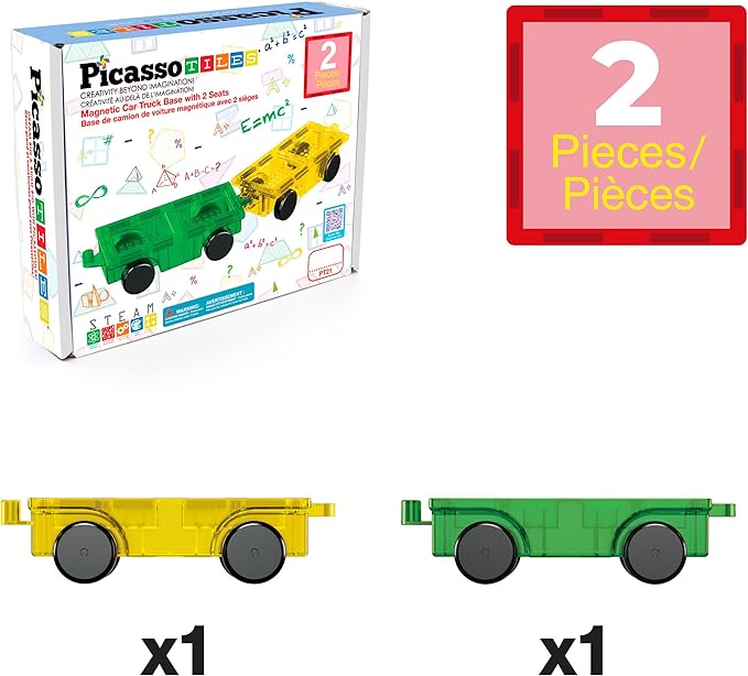 PicassoTiles 2pcs Magnetic Tiles Expansion Car Truck Building Blocks Compatible with regular bricks, Kids Magnet Bricks STEM Learning Toys, Add-ons Toddler Preschool 3 Years and up Boys and Girls PT21