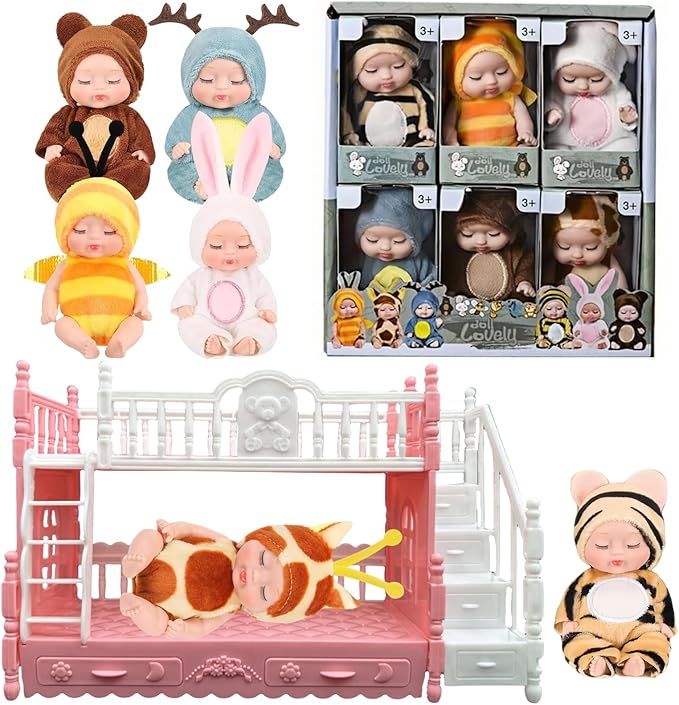 6 Pcs Mini Baby Dolls Set 4 Inch Small Baby Dolls with Animal Clothes and Bunk Bed Toys (Dolls A)