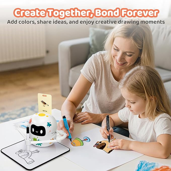 Mewaii Drawing Robot for Kids with 150 Cards, Interactive Educational Drawing Machine with Music, Erasable Board & 12 Crayons, Montessori Learning Toy, Birthday Gift for Boys Girls 5-8