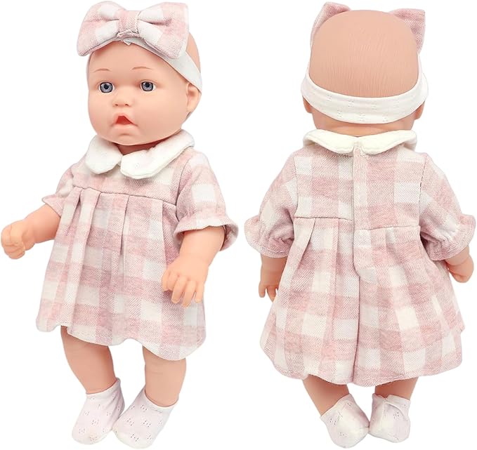 12″ Baby Doll Classic Checkered Dress & 6-Piece Accessories Gift Box Packaged – Soft Realistic Lifelike Baby Dolls for Toddlers & Little Girls