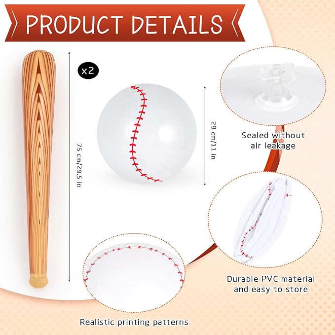 Inflatable Baseball Set, Ball Baseball and Inflatable Baseballs Bat, Baseballs Party Decoration for Kid Adult Pool Beach Party Favors