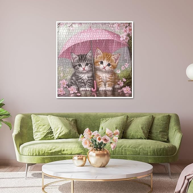 Cat Flower Puzzle for Adults 1000 Pieces, Cute Floral Jigsaw Puzzle,Cherry Blossom Kitten Rain Puzzle