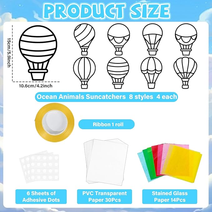 QOUBAI 32 Sets Air Balloons Suncatchers Craft Kit DIY Window Stained Glass Effect Hot Air Balloons VBS Paper Craft Home School Classroom Decoration Kid Birthday Gift Creative Art Project Activity Game