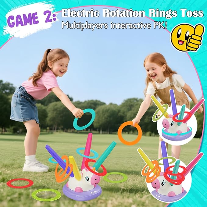 Easter Outdoor Toys for Kids, 3 in 1 Rocket Launcher, Musical Jumping & Ring Toss Games with Remote Control, Unicorn Toys for Girls, Outdoor Play Games for Toddlers 3-5 4-8 Birthday Gift Party