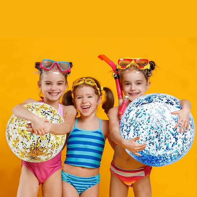 5 Pcs Inflatable Beach Balls, 16 Inch & 24 Inch Large Confetti Glitter Beach Balls, Sequins Clear Blow up Pool Balls Toys for Christmas Party Decorations 2026 New Year Birthday Summer Swimming Pool