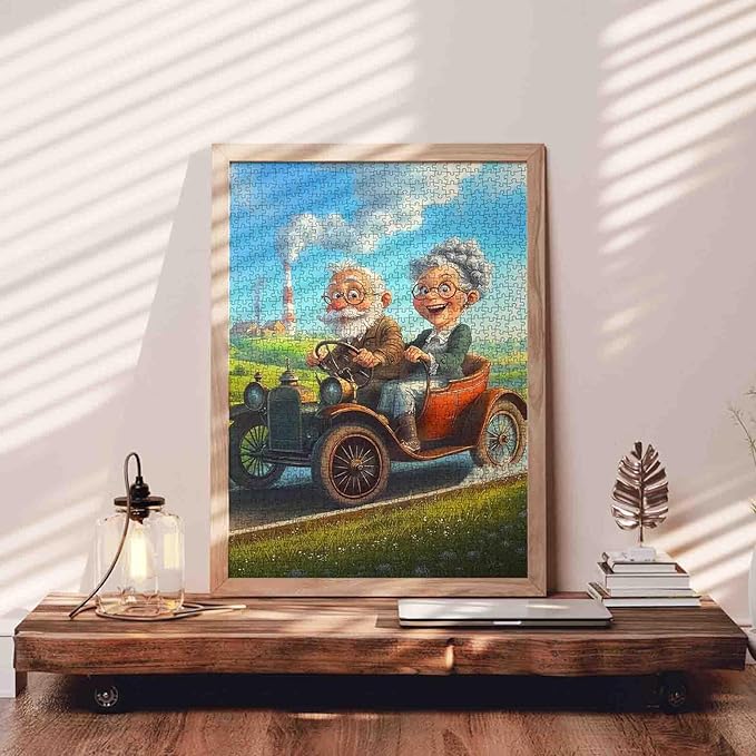 Old Man and Old Woman Jigsaw Puzzles for Adult 1000 Pieces Romantic Couple Cycling Puzzles Wall Decor Whimsical Grandma Funny Jigsaw Puzzle About Friendship 20''x27”inch Family Game Challengings,