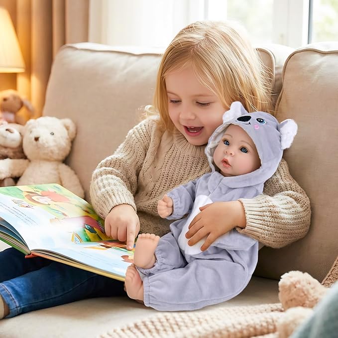 Aori 17 Inch Lifelike Baby Dolls Realistic Doll with Real Life Lightweight Soft Body & Grey Outfits, for Girls 3+ Role Play, Adoption Day, Photography Prop, Collectible