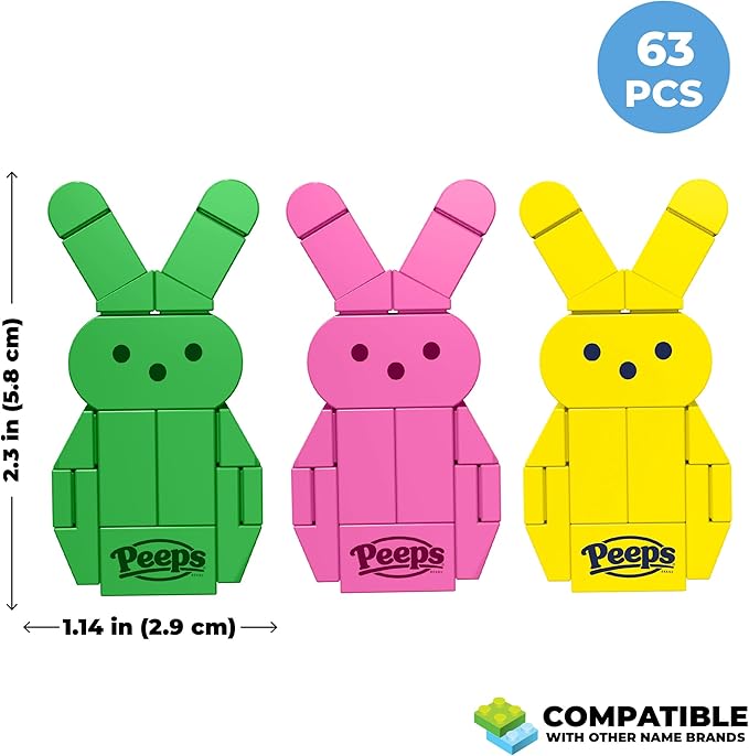 Brickcraft Peeps Bunny Building Set, Easter Brick Figures 3 Pack in Pink Yellow and Green, 63 Piece Building Toy, Ages 8 Plus, Spring Holiday Display Models, Official Peeps Licensed Set with Stickers